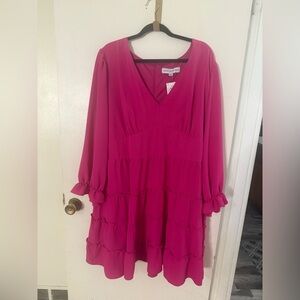 Pink V-Neck Ruffle Dress